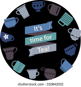 Multicolor origami ribbon with lettering "It's time for Tea" and various teacups background. Cute symbol of Tea Party. Rest Tagline. Cups and mugs collection in cold colors.