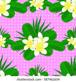 Multicolor ornament with many small simple flowers over a pink background. Vector abstract seamless pattern for design, wrapping, textile or fabric.