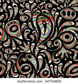 Multicolor ornament on black background. Floral seamless pattern. Seamless background. Wallpaper baroque, damask.