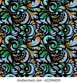Multicolor ornament on black background. Seamless background. Wallpaper baroque, damask. Floral seamless pattern.