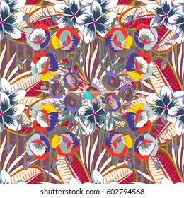 Multicolor ornament of small simple beige, blue and pink flowers, vector abstract seamless pattern for fabric or textile design.