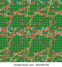 Multicolor ornament of small simple blue and green flowers, vector abstract seamless pattern for fabric or textile design.