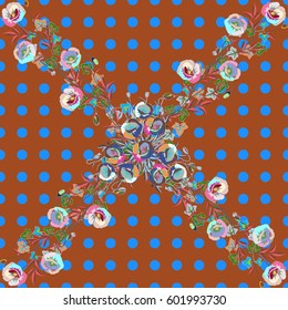 Multicolor ornament of small simple blue and pink flowers, vector abstract seamless pattern for fabric or textile design.