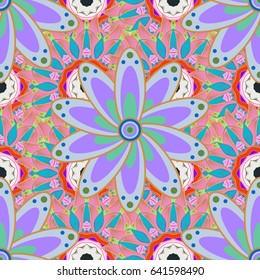Multicolor ornament of small simple blue and pink flowers, vector abstract seamless pattern for fabric or textile design.