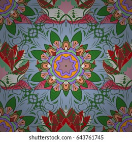 Multicolor ornament of small simple blue flowers, vector abstract seamless pattern for fabric or textile design.