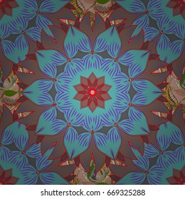 Multicolor ornament of small simple blue flowers, vector abstract seamless pattern for fabric or textile design.