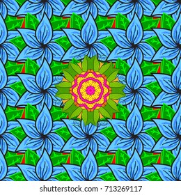 Multicolor ornament of small simple blue, green and gray flowers, vector abstract seamless pattern for fabric or textile design.