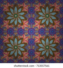 Multicolor ornament of small simple brown, blue and neutral flowers, vector abstract seamless pattern for fabric or textile design.