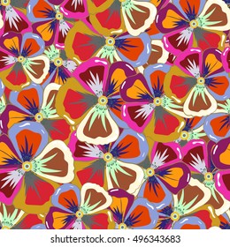Multicolor ornament of small simple flowers, vector abstract seamless pattern for design and textile. Multicolored background.