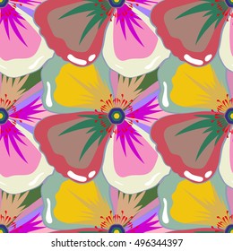 Multicolor ornament of small simple flowers, vector abstract seamless pattern for design and textile. Multicolored background.