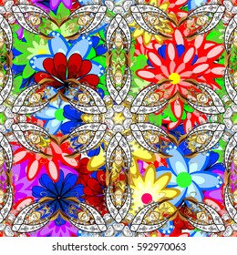 Multicolor ornament of small simple flowers, vector abstract seamless pattern for fabric or textile design.