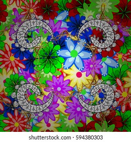 Multicolor ornament of small simple flowers, vector abstract seamless pattern for fabric or textile design.