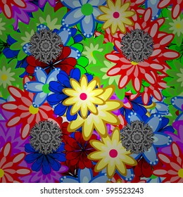 Multicolor ornament of small simple flowers, vector abstract seamless pattern for fabric or textile design.
