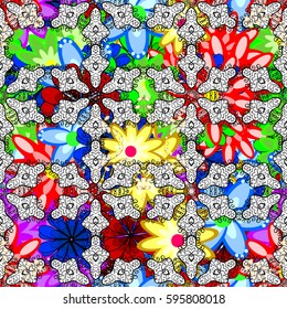 Multicolor ornament of small simple flowers, vector abstract seamless pattern for fabric or textile design.