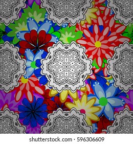Multicolor ornament of small simple flowers, vector abstract seamless pattern for fabric or textile design.