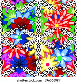 Multicolor ornament of small simple flowers, vector abstract seamless pattern for fabric or textile design.