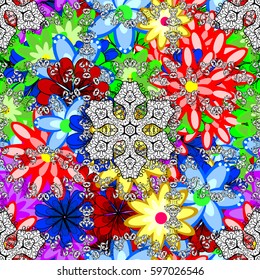 Multicolor ornament of small simple flowers, vector abstract seamless pattern for fabric or textile design.