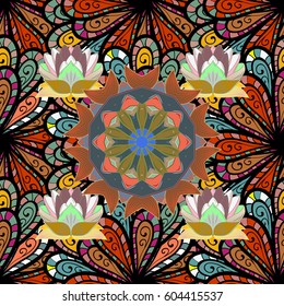 Multicolor ornament of small simple flowers, vector abstract seamless pattern for fabric or textile design.