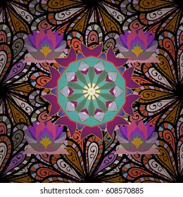 Multicolor ornament of small simple flowers, vector abstract seamless pattern for fabric or textile design.