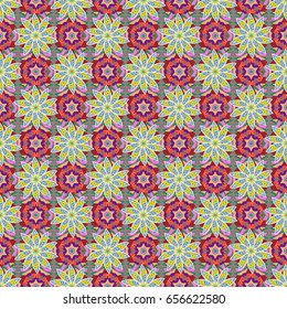 Multicolor ornament of small simple flowers, vector abstract seamless pattern for fabric or textile design.