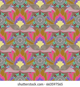 Multicolor ornament of small simple flowers, vector abstract seamless pattern for fabric or textile design.