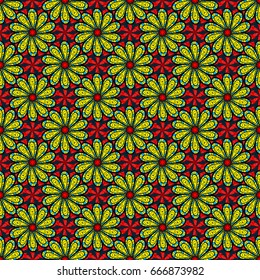 Multicolor ornament of small simple flowers, vector abstract seamless pattern for fabric or textile design.