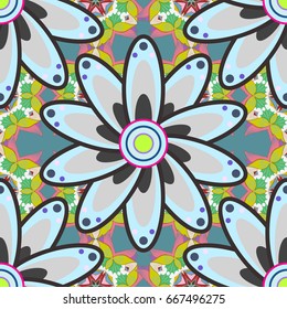 Multicolor ornament of small simple flowers, vector abstract seamless pattern for fabric or textile design.