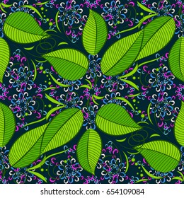 Multicolor ornament of small simple leaves, vector abstract seamless pattern for fabric or textile design.