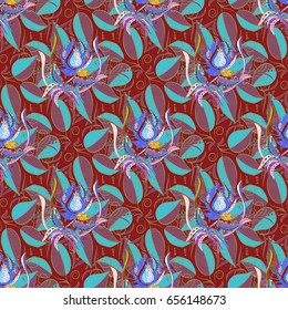 Multicolor ornament of small simple leaves, vector abstract seamless pattern for fabric or textile design.