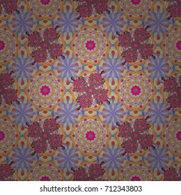 Multicolor ornament of small simple neutral, orange and beige flowers, vector abstract seamless pattern for fabric or textile design.