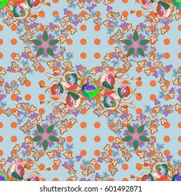 Multicolor ornament of small simple orange and blue flowers, vector abstract seamless pattern for fabric or textile design.