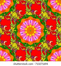 Multicolor ornament of small simple orange, red and green flowers, vector abstract seamless pattern for fabric or textile design.
