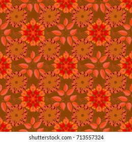 Multicolor ornament of small simple orange, brown and red flowers, vector abstract seamless pattern for fabric or textile design.