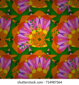 Multicolor ornament of small simple orange, green and pink flowers, vector abstract seamless pattern for fabric or textile design.
