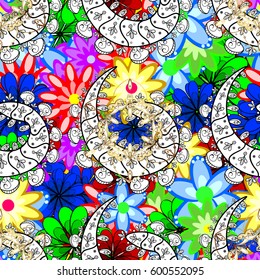 Multicolor ornament of small simple pink flowers, vector abstract seamless pattern for fabric or textile design.