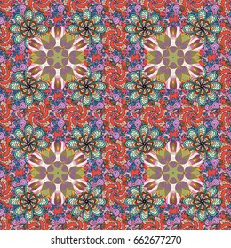 Multicolor ornament of small simple pink flowers, vector abstract seamless pattern for fabric or textile design.