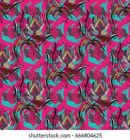 Multicolor ornament of small simple pink flowers, vector abstract seamless pattern for fabric or textile design.