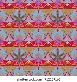 Multicolor ornament of small simple pink, blue and red flowers, vector abstract seamless pattern for fabric or textile design.