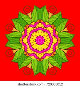 Multicolor ornament of small simple red, green, yellow and pink flowers, vector abstract seamless pattern for fabric or textile design.