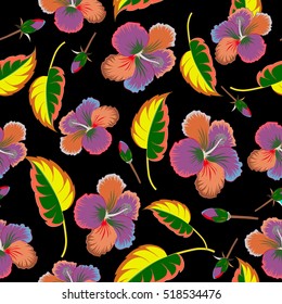 Multicolor ornament of various simple flowers, leaves and buds on a black background. Vector abstract seamless pattern for design and textile. Multicolored background.