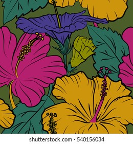 Multicolor ornament of various simple flowers, leaves and buds on a green background. Vector abstract seamless pattern for design and textile. Multicolored background.