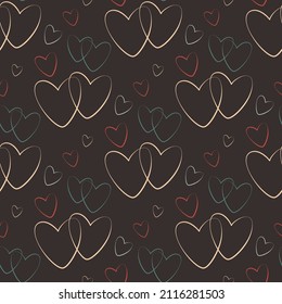 multicolor outline heart seamless pattern on brown background