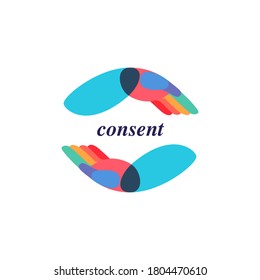 Multicolor overlapping hands in a circle logo. Perfect icon for a consent advertising, friendship infographics, modern identity, etc.