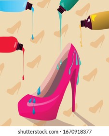 Multicolor paint dripping on vibrant pink heels shoes. Vector