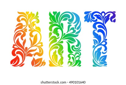 Multicolor painted word ART. Decorative Font with swirls and floral elements.