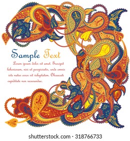 Multicolor Paisley Pattern Ornate Frame With Copy Space. Elegant Design With Ideal Balanced Colors. Vector Illustration. 