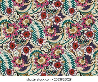 multicolor paisleys with flowers all over design arrangement illustration vector digital image for textile print factory or packaging gift paper