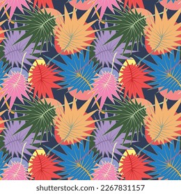 Multicolor palm tree leaves seamless pattern, bright summer background