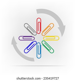 Multicolor paper clips on white background. Set of colorful paper clips. Arrows in a circle. Vector illustration