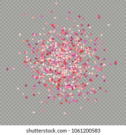 Multicolor paper hearts. Effect confetti easy to use. Valentines petals top view. Isolated on transparent background. EPS 10 vector file